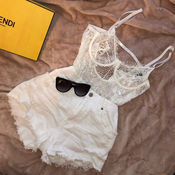 White Lace and Mesh Strappy Bodysuit - Picture 1 of 5